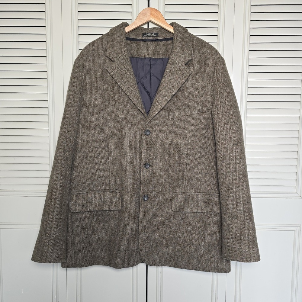 LL Bean Mens Blazer 44R Green Herringbone Shetland Wool Primaloft Quilted Lining